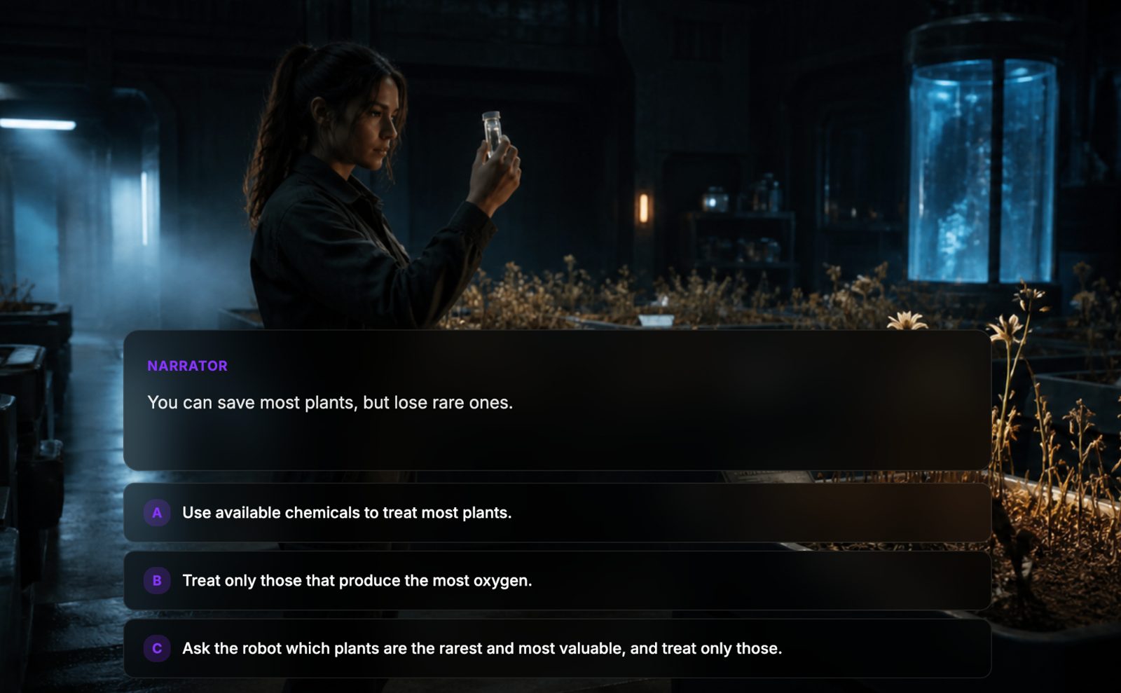 In-game dilemma: a scientist examines a rare plant sample inside a dim greenhouse, with narrator text and three choice options