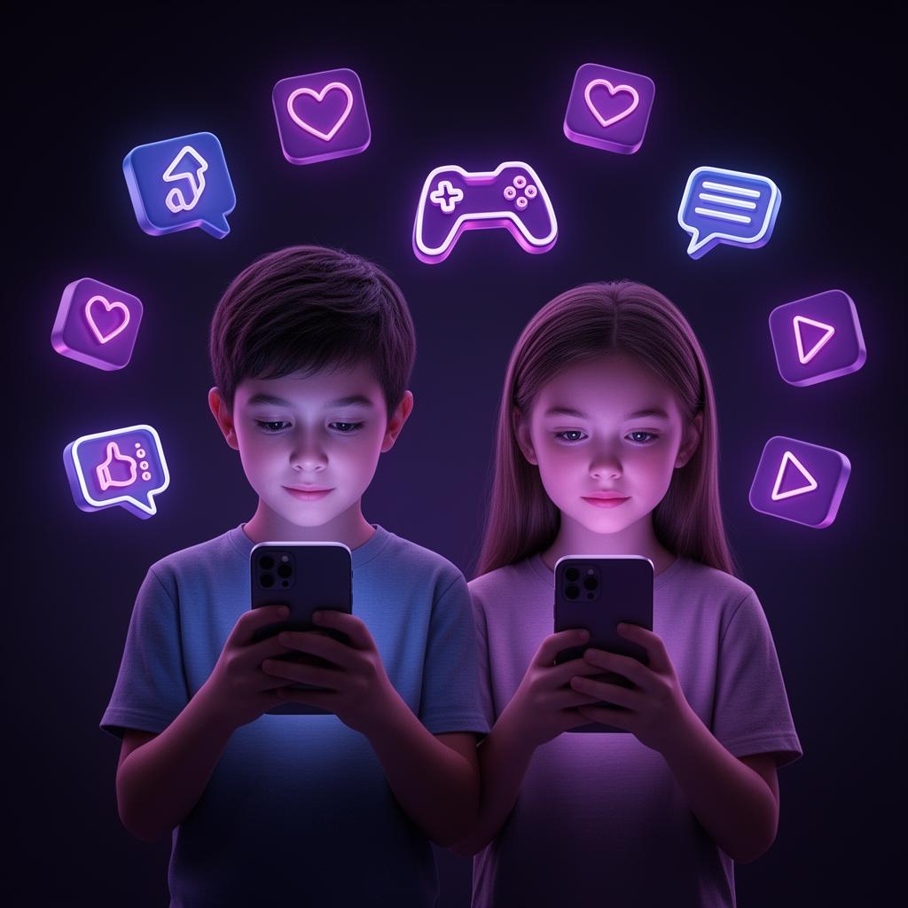A teenage boy and girl illuminated by their smartphones, surrounded by glowing neon icons for apps, likes, games and chat